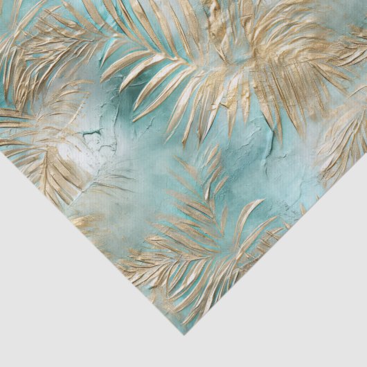 Gouden Aqua Witte Tropische bladeren Tissuepapier (Detail)