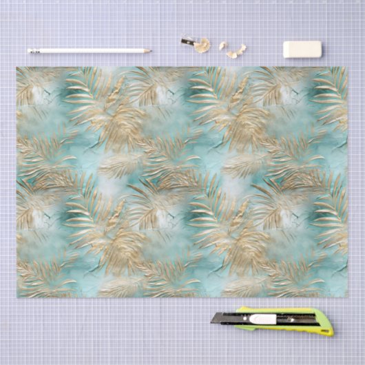 Gouden Aqua Witte Tropische bladeren Tissuepapier (Craft)