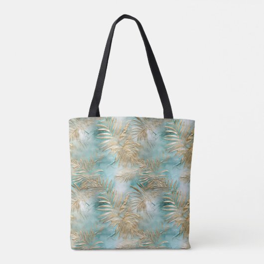Gouden Aqua Witte Tropische bladeren Tote Bag (Achterkant)