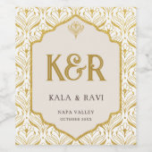 Gouden Art Deco Bloemen Lotus Bruiloft Monogram Wijn Etiket (Enkel label)