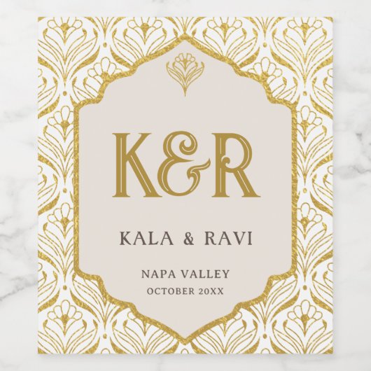 Gouden Art Deco Bloemen Lotus Bruiloft Monogram Wijn Etiket (Enkel label)