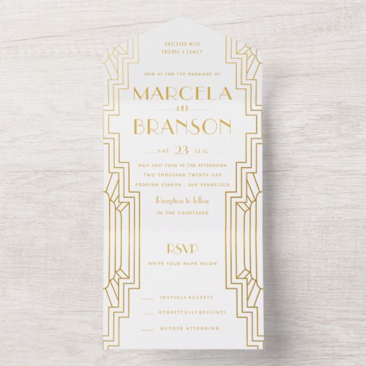 Gouden Art Deco bruiloft All In One Uitnodiging (Binnen)