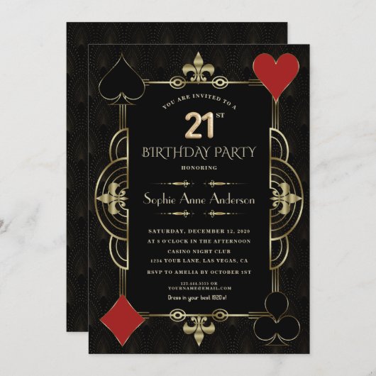 Gouden Art Deco Casino Vegas Vrouw 21e Verjaardag Kaart (Voorkant / Achterkant)