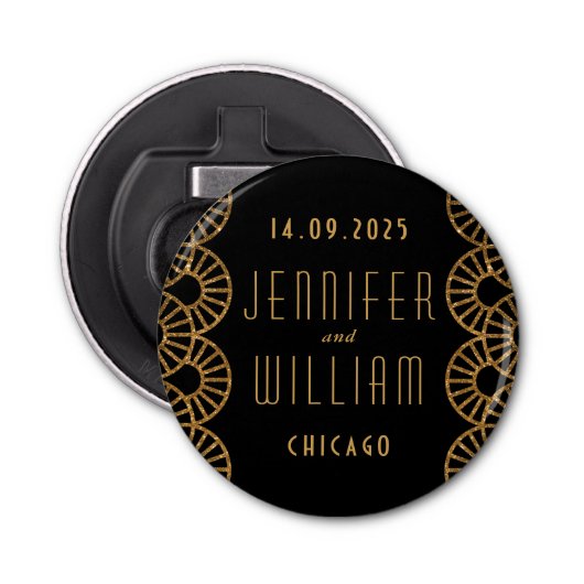 Gouden Art Deco Fan bruiloft gunst Button Flesopener (Voorkant)