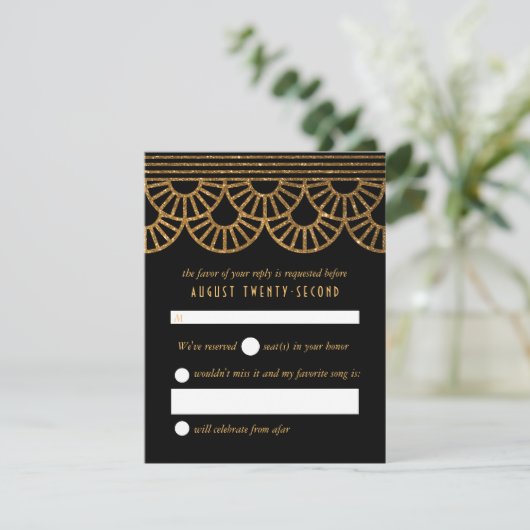 Gouden Art Deco Fan bruiloft uitnodiging antwoord  (Staand voorkant)