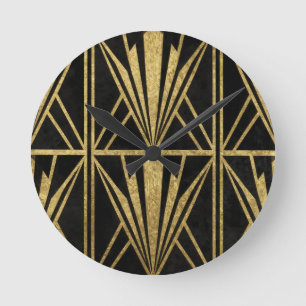 Gouden Art Deco geometrisch waaierpatroon Zwart Ronde Klok