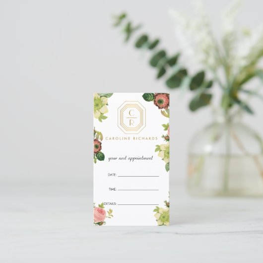 Gouden Art Deco Monogram  Bloemen Afspraak Afsprakenkaartje (Staand voorkant)