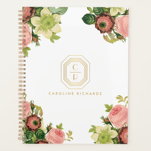 Gouden Art Deco Monogram  Bloemen Afspraak Planner (Voorkant)