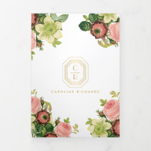 Gouden Art Deco Monogram  Bloemen Brochure Drieluik Kaart