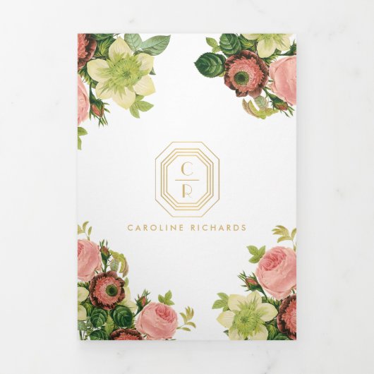 Gouden Art Deco Monogram  Bloemen Brochure Drieluik Kaart (Cover)