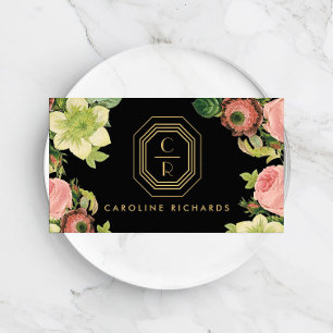 Gouden Art Deco Monogram  Bloemen Zwart Visitekaartje
