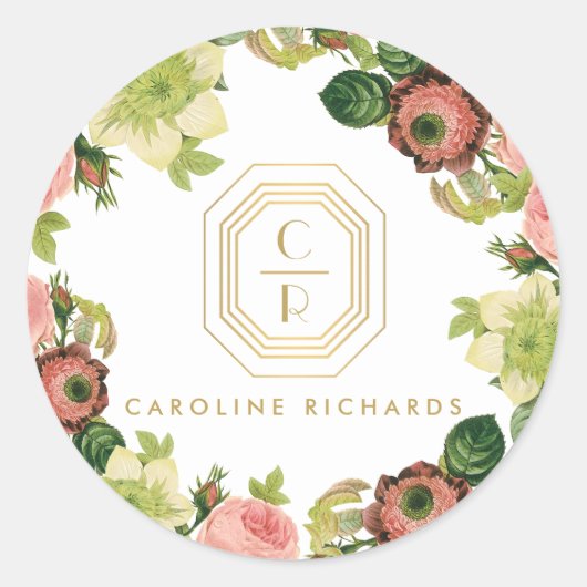 Gouden Art Deco Monogram met  Bloemen Ronde Sticker (Voorkant)