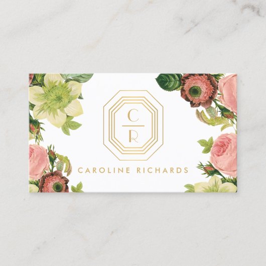 Gouden Art Deco Monogram met  Bloemen Visitekaartje (Voorkant)