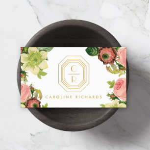 Gouden Art Deco Monogram met  Bloemen Visitekaartje