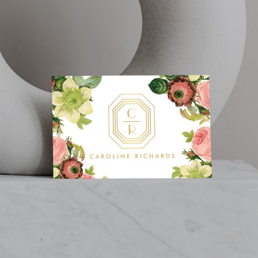 Gouden Art Deco Monogram met  Bloemen Visitekaartje