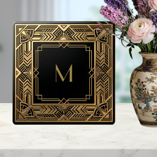 Gouden Art Deco Monogram Zwarte Gepersonaliseerde Tegeltje