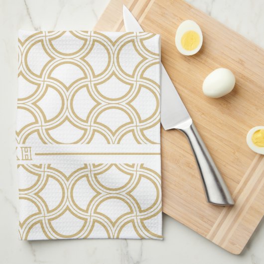 Gouden Art Deco patroon op wit Theedoek (Quarter Fold)