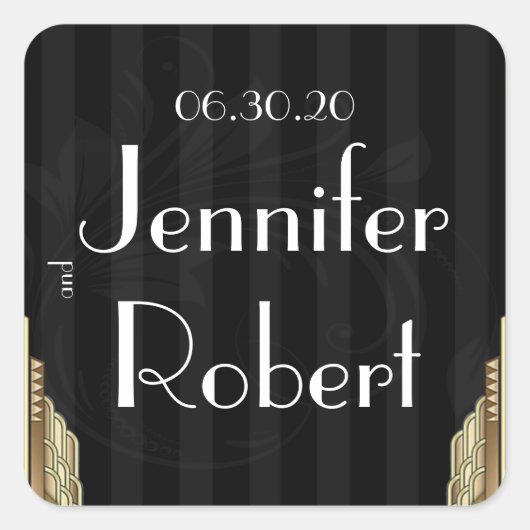 Gouden Art Deco Streep Bruiloft Envelop Afdichting Vierkante Sticker (Voorkant)