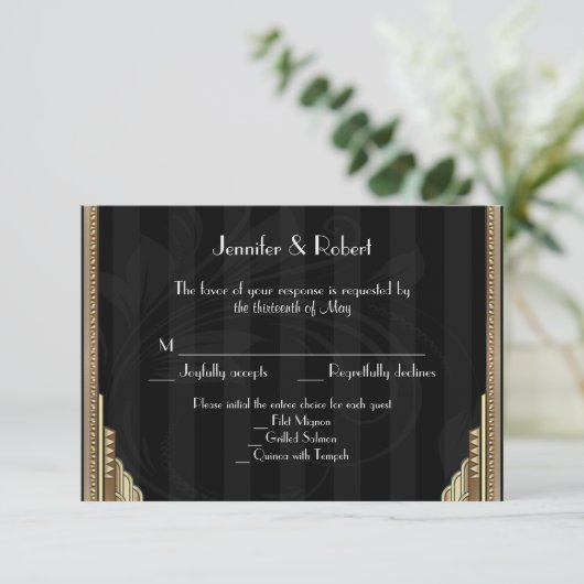Gouden Art Deco Streep Bruiloft Reactie Kaart (Staand voorkant)