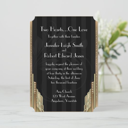 Gouden Art Deco Stripe bruiloft uitnodiging (Staand voorkant)