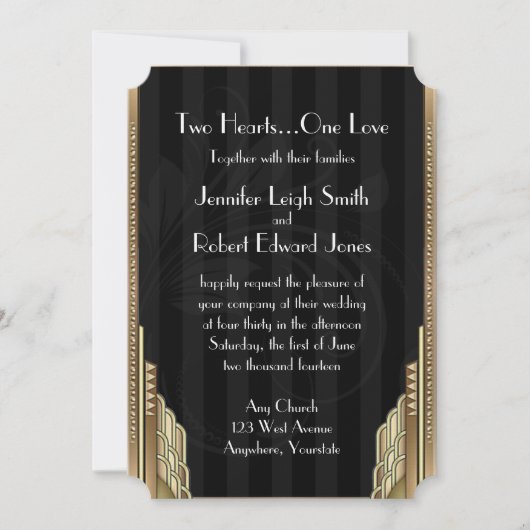 Gouden Art Deco Stripe bruiloft uitnodiging (Voorkant)