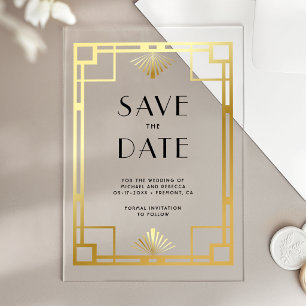 Gouden Art Deco Trouw Save the Date Acryl Uitnodigingen