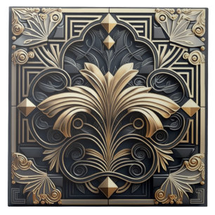 Gouden Art Deco waaier met sierlijst Tegeltje