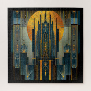 Gouden Art Deco Wolkenkrabber met Middernachtelijk Legpuzzel