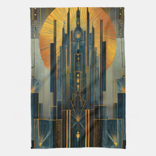 Gouden Art Deco Wolkenkrabber met Middernachtstijl Theedoek