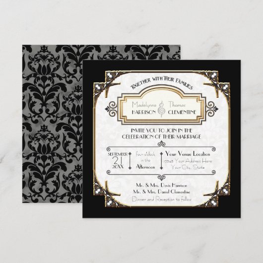Gouden Art Deco Zwart-wit Typografie Bruiloft Kaart (Voorkant / Achterkant)