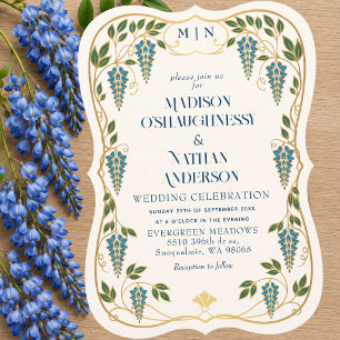 Gouden Art Nouveau Blauwe Wisteria Bruiloft Kaart