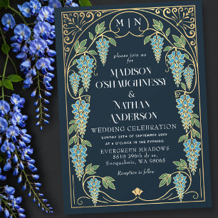 Gouden Art Nouveau Blauwe Wisteria Bruiloft Kaart
