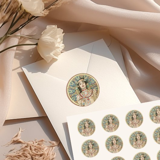 Gouden Art Nouveau Mucha Sarah Bernhardt Champagne Ronde Sticker