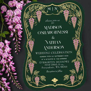 Gouden Art Nouveau Roze Wisteria Bruiloft Kaart