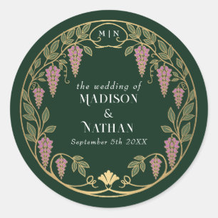 Gouden Art Nouveau Roze Wisteria Bruiloft  Ronde Sticker
