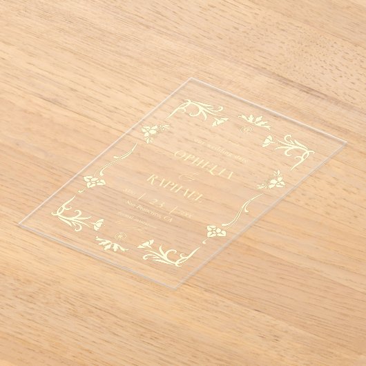 Gouden Art Nouveau Transparante bruiloft Save the  Acryl Uitnodigingen (Laagn)