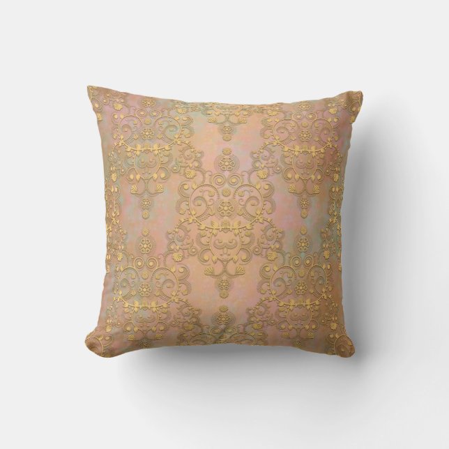 Gouden Aurora Fancy Antieke Kant Damast Kussen (Voorkant)