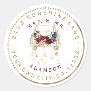 Gouden Auto Burgundy Bloemen Ronde Adreslabel Sticker