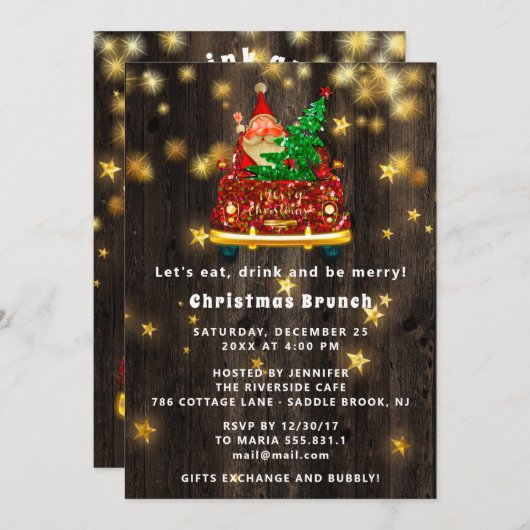 Gouden Auto Kerstborrel Diner Kerstman Hout Kaart (Voorkant / Achterkant)