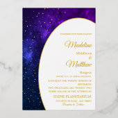 Gouden avond Sky sterren Paarse moderne bruiloft Folie Uitnodiging (Achterkant)