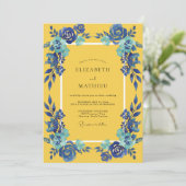 Gouden Azure Bloem Bruiloft Kaart (Staand voorkant)