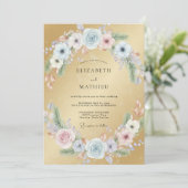 Gouden Azure Ranunculus Eucalyptus Bruiloft Kaart (Staand voorkant)