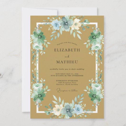 Gouden Azure Ranunculus Eucalyptus Bruiloft Kaart (Voorkant)