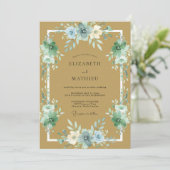 Gouden Azure Ranunculus Eucalyptus Bruiloft Kaart (Staand voorkant)