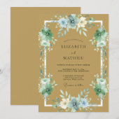 Gouden Azure Ranunculus Eucalyptus Bruiloft Kaart (Voorkant / Achterkant)