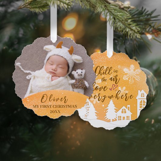 Gouden Baby 1e Kerstwarm Quote Aangepaste Foto Ornament Kaart