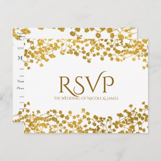 Gouden baby's adem witte elegante bloem-RSVP Uitnodiging Briefkaart (Voorkant / Achterkant)