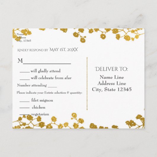 Gouden baby's adem witte elegante bloem-RSVP Uitnodiging Briefkaart (Achterkant)