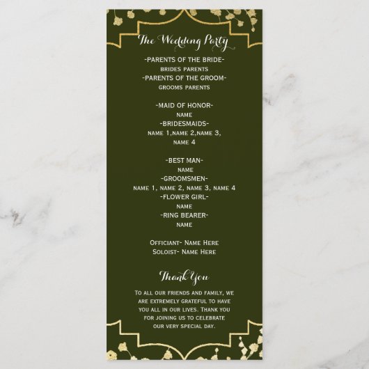Gouden Baby's Breath Bloem Olive Bruiloftsprogramm Programmakaart (Achterkant)