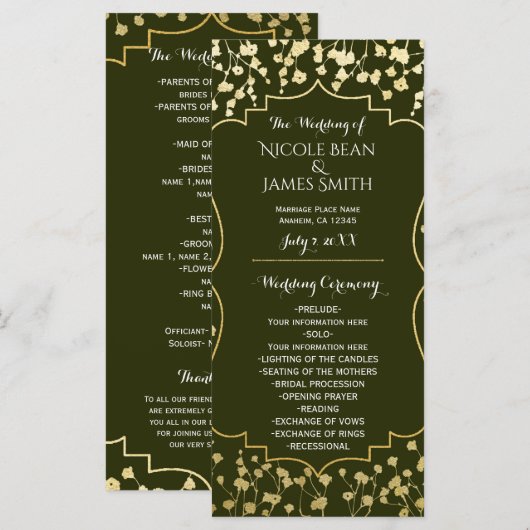 Gouden Baby's Breath Bloem Olive Bruiloftsprogramm Programmakaart (Voorkant / Achterkant)